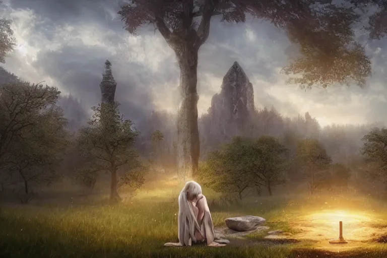 Image similar to scene with a beautiful realistic blond priestess, 30 years old woman, praying in an antic sanctuary, in front of the horizon at dawn, some clouds, runic stones and columns in the background, some trees, cinematic light, digital painting by Magali Villeneuve and wlop, atmospheric effects, fireflies, 4K, artstation, deviantart