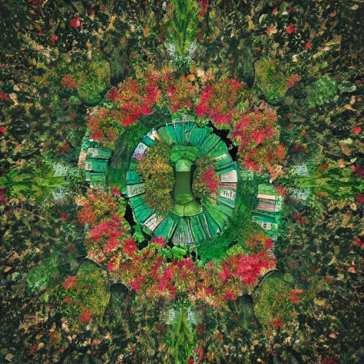 Image similar to a city made of leaves and petals surreal style