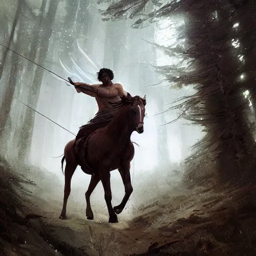 Image similar to Adam Driver as a centaur warrior, human and horse chimera, aiming a bow and arrow, galloping through the forest, digital art, fantasy art by Greg Rutkowski