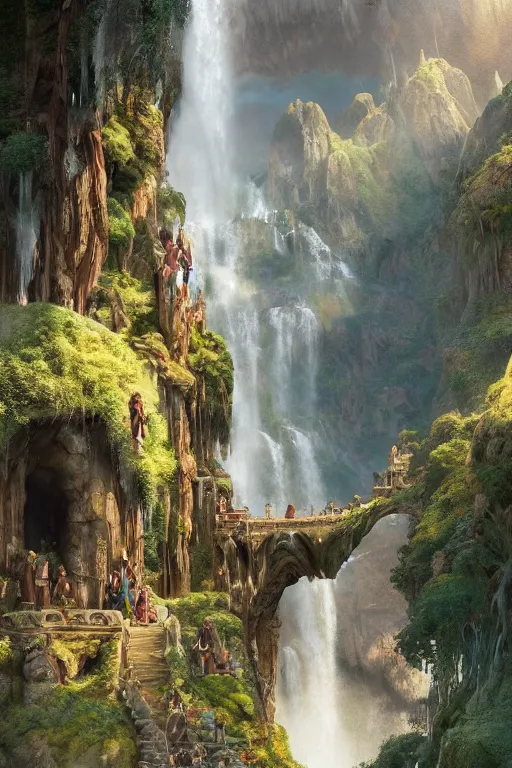 Prompt: a beautiful digital painting of an elven castle, carried by gigantic human statues, huge waterfalls, lovely valley by James Gurney, by Greg Rutkowski, concept art, volumetric lighting, intricate, vivid colors, octane render, trending on artstation, 8k