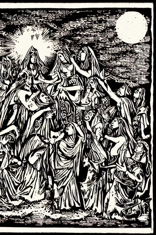 Image similar to a beautiful woodcut print of walpurgisnacht, 8 k, by vladimir zimikov