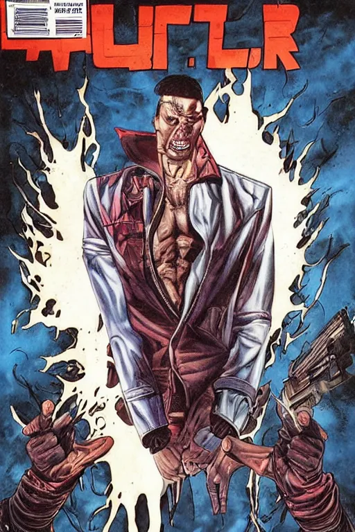 Image similar to ultra violent comic book cover of a contract killer named cobalt. he wear a denim jacket over a bloody white shirt. he has a scar up the side of his face. art by glenn fabry.