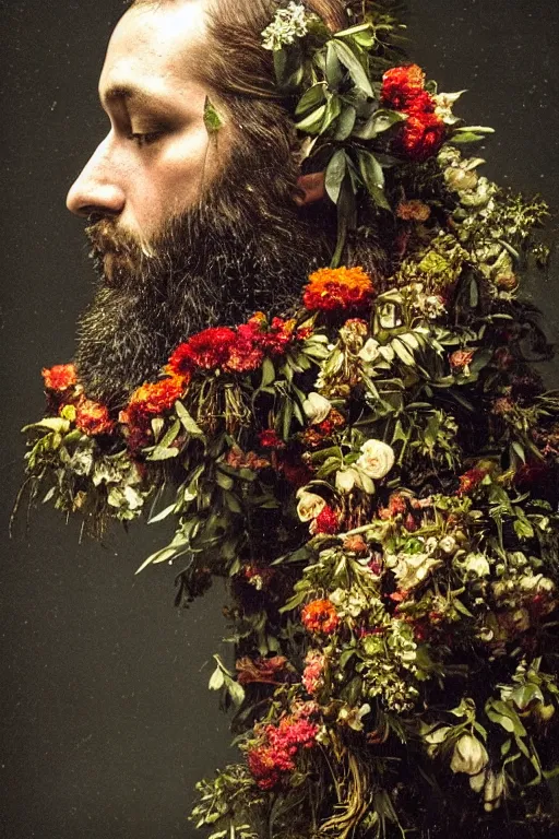 Prompt: a man's face in profile, with a long beard, made of flowers and fruit and glistening water droplets, in the style of the Dutch masters and Gregory crewdson, dark and moody