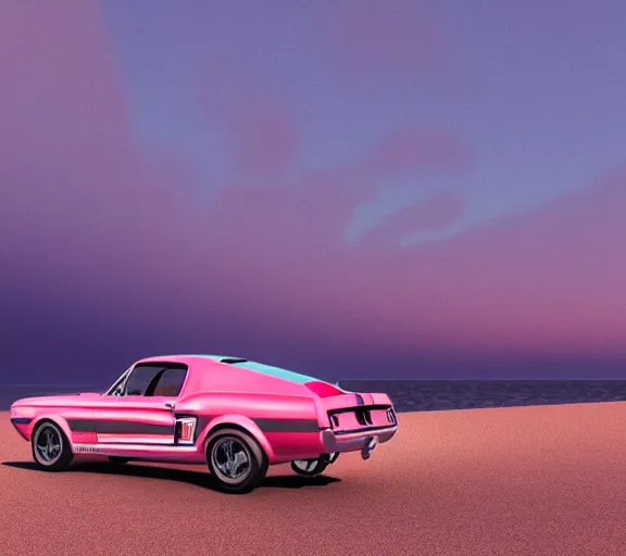 Image similar to shot of 1967 Ford mustang Shelby GT500 in pink color at sunset in front a beach, 3d render