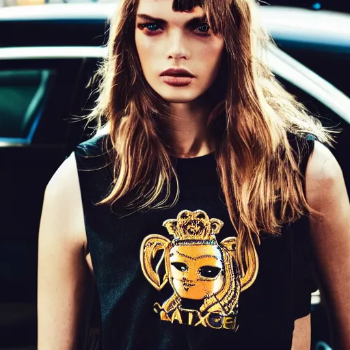 Image similar to close up of a face of a fashion model, standing in front of a taxi, official versace editorial, highly detailed