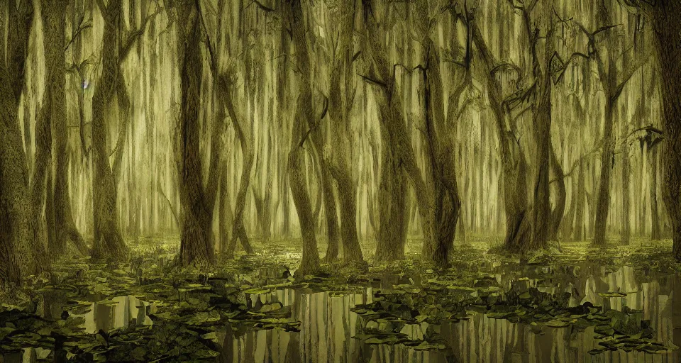 Image similar to A dense and dark enchanted forest with a swamp, by studio 4c