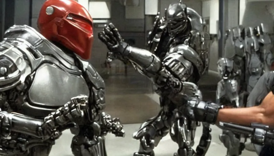 Prompt: big budget movie about robocop fighting the predator.