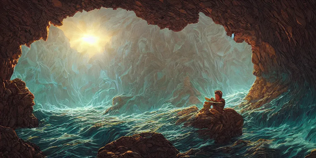 Prompt: artwork, masterpiece of from Dan Mumford collection ::Gavin Kennedy Sunchaser:: a man trying to get out of a cave to the light, trending on ArtStation, composition painted by Dan Mumford and face painted by artgerm