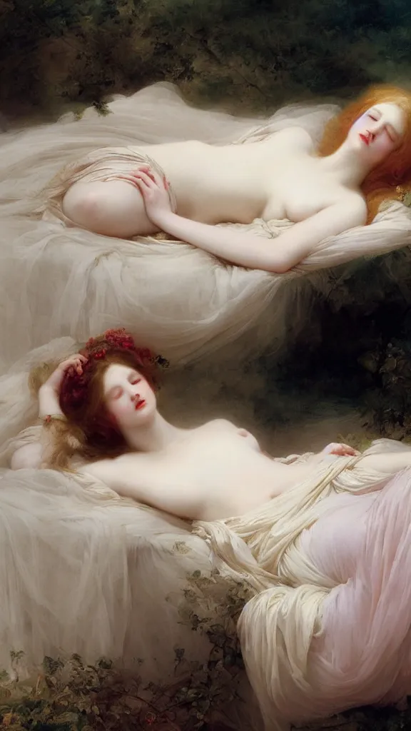 Image similar to blonde beautiful pale skin sleeping princess by franz xaver winterhalter and delphin enjolras and rebecca guay