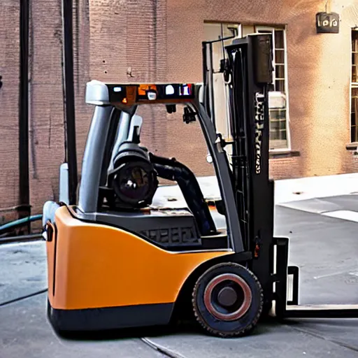 Prompt: photograph of steampunk forklift going downtown