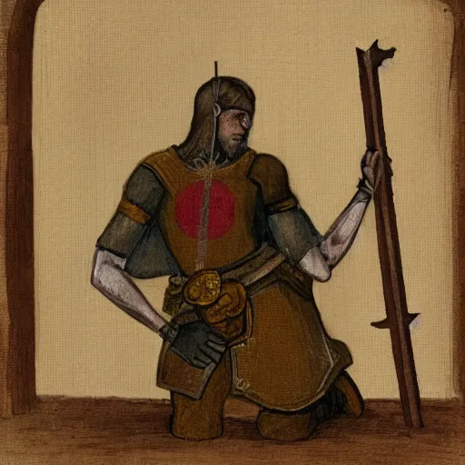 Prompt: A pale young man stands inside a prison cell. Clad in shining armor he kneels and prays to a God others would have long abandoned. Sunshine lightly grazes his cheeks as he prays, his broken spear used as a cross to focus on. The knight's expression is sad, pensive, but resolute, decisive and stubborn. Portrait.