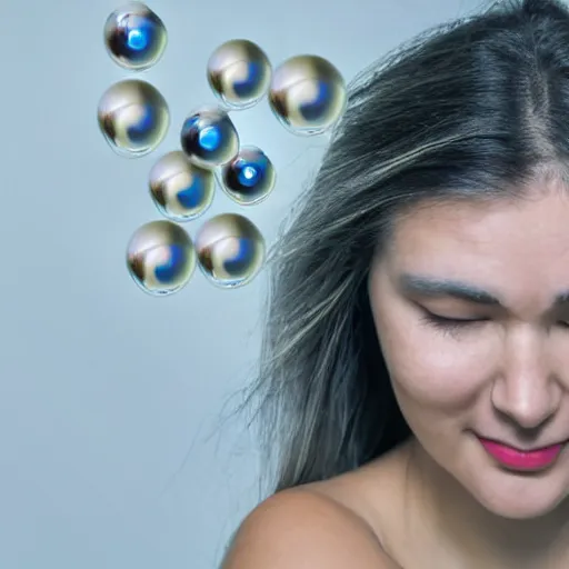 Prompt: portrait photo of woman with vortex marbles instead of eyes