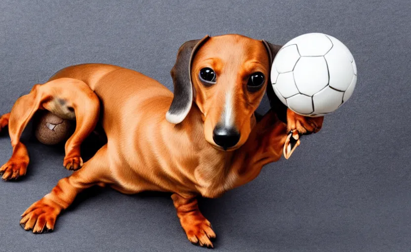 Prompt: happy dachshund catching a ball, detailed fur, soft, suit, suitcase, business outfit, photography, animal portrait