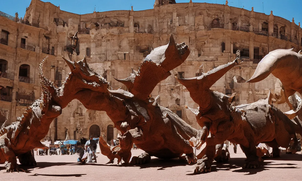 Image similar to a troubadour facing off against a horned dinosaur in the plaza de toros, madrid. extreme long shot, midday sun, kodachrome