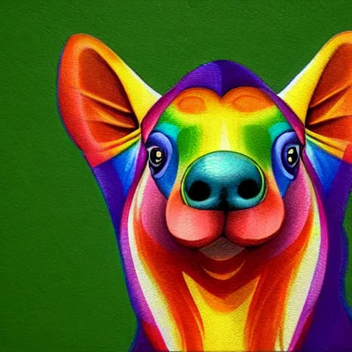 Image similar to portrait friendly cute happy stylish realistic rainbow animal from africa. background in the style of art nouveau. lively. colorful. hd.