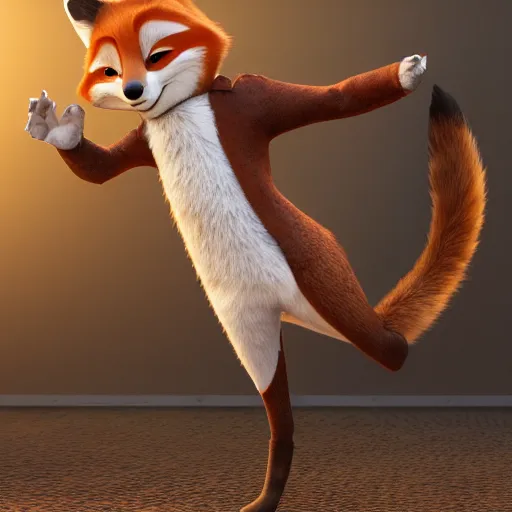 Image similar to 3 d render, anthropomorphic fox, male, in a brown leather maxi jacket, in the style of zootopia