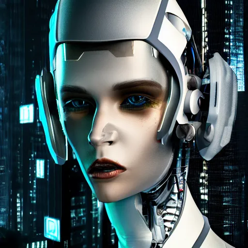 Image similar to a portrait of a female cyborg, fashion, streak lights, ligjt trail, color gel, photogtaphy, canon r 5, wide angle, white background, 3 d render, unreal engine, white suit, cyberpunk, futuristic