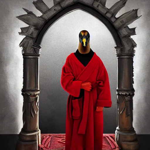 Image similar to portrait of cute mallard duck, wearing cultist red robe, inside a castle, black feathers, glowing arcane eyes, very detailed black feathers, ultra detailed, expressive oil painting digital art, 8 k, octane render, trending on art station, epic castle scene