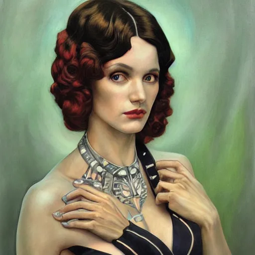 Image similar to an art nouveau, ( streamline moderne ), multi - racial portrait in the style of donato giancola and anna dittmann and charles dulac. very large, clear, expressive, and intelligent eyes. symmetrical, centered, ultrasharp focus, dramatic lighting, photorealistic digital matte painting, intricate ultra detailed background.