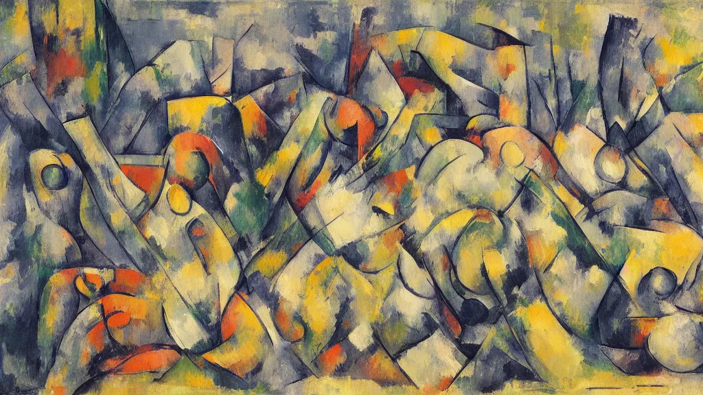 Image similar to abstract art painting, lines, forms, shapes, in style of paul cezanne, 4 k, high resolution details,