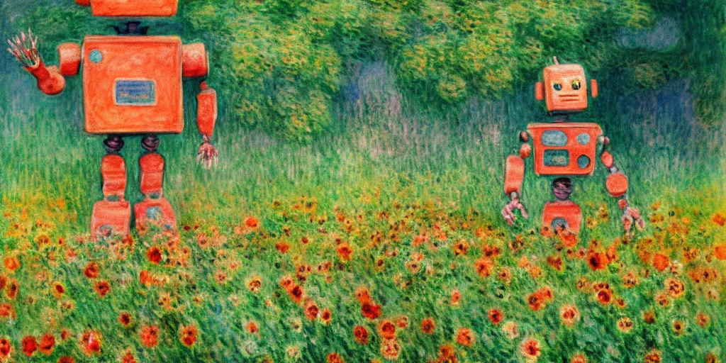 Image similar to a robot standing on flower garden looking small with many kinds flower arround him, watercolor art, 1 8 8 0 s, calude monet style, colorfule, hd, uhd