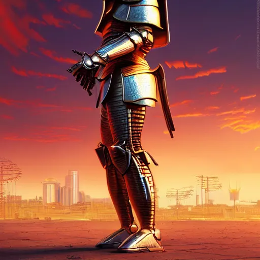 Image similar to samurai cyborg, armor designed by jony ive in cybercity, golden hour, poster by michael whelan and gilbert williams and evgeny lushpin and artgerm and alena aenami, 3 0 mm, well proportioned, highly detailed, rule of thirds, long exposure