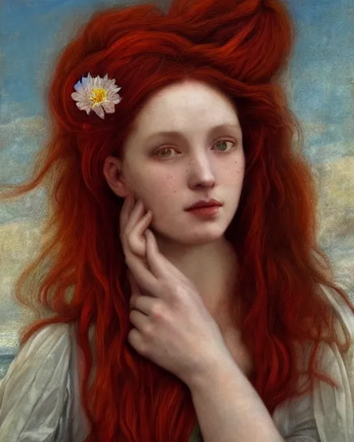 Prompt: a woman with long red hair and a flower in her hair, a photorealistic painting by Carla Wyzgala, pinterest, pre-raphaelitism, pre-raphaelite, enchanting, chiaroscuro