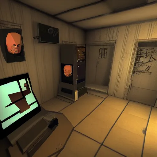 Image similar to an old computer screen showing a low poly horror games, the horror game shows a person and an apartment in a low poly style, hyper detailed computer, super realistic.