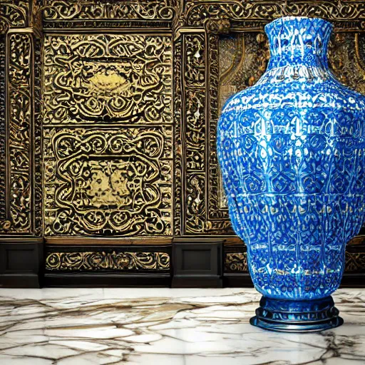 Image similar to an ornate baroque vase breaking on the marble tile floor, exploding into dust, dark - blue light - blue gold silver white black beige, volumetric dust rays, intricate detail, ultra realistic, cinematic lighting, moody, wet, shiny,