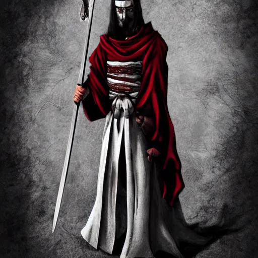 Image similar to samarai cloaked in white with swords, standing in light beam of a dark cave, ruby red sorrow, high quality, ultra detail,