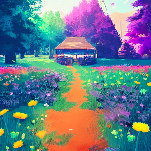 Prompt: camp half-blood, summer camp, spes cabin, hope flowers, happy colors, happiness, highly detailed, artstation, by alena aenami