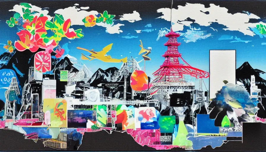 Prompt: Japan travel and adventure, minimalist negative space white acrylic base coat, mixed media collage acrylic airbrush painting by Jules Julien, Leslie David and Lisa Frank, muted colors with minimalism, neon color mixed collage cutout details