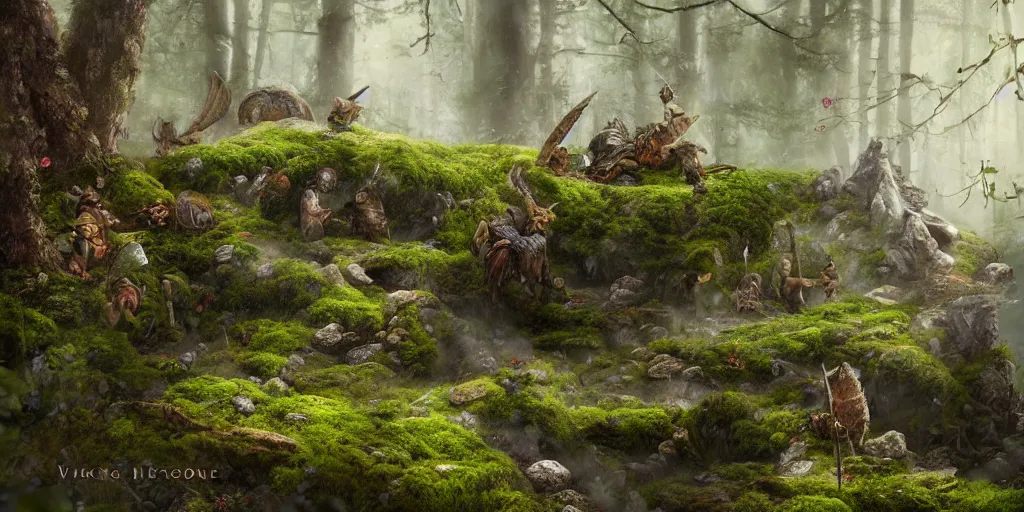 Image similar to Viking mount with bauta stones, densley overgrown with moss, plants, flowers, ferns, some fireflies flying in the air, atmospheric, amazing and immaculate scale, trending on Artstation, digital art