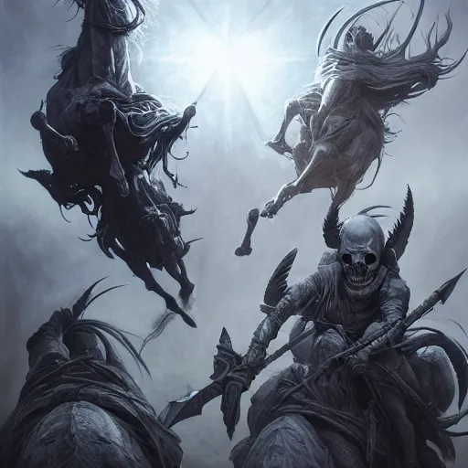 Image similar to concept art by artgerm, death of the four horsemen of the apocalypse, soft grey and blue natural light, intricate, queen of death riding, highly detailed dark art, digital painting, artstation, concept art, smooth, sharp focus, illustration, art by greg rutkowski and luis rollo and uang guangjian and gil elvgren, symmetry!