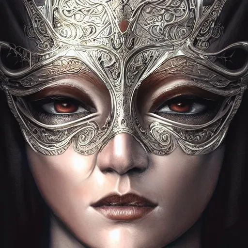 Image similar to Very very very very highly detailed epic photo of face with venetian mask, intricate, dystopian, sci-fi, extremely detailed, digital painting, artstation, concept art, smooth, sharp focus, illustration, intimidating lighting, incredible art by Artgerm and Anton Pieck