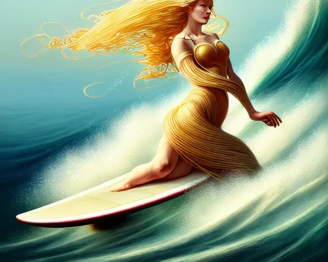 Prompt: beautiful ethereal ginger surfer is surfing a sea of pasta, art nouveau, fantasy, intricate pasta waves, elegant surfboard, highly detailed, sharp focus, action art by artgerm and greg rutkowski and wlop