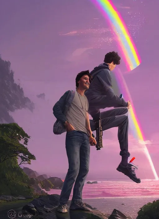 Image similar to highly detailed portrait justin trudeau in ( ( pink hoody rainbow socks ) ) holding ar - 1 5! ( setting costa rica ) in gta v stephen bliss unreal engine fantasy art by greg rutkowski loish rhads ferdinand knab makoto shinkai lois van baarle ilya kuvshinov rossdraws tom bagshaw global illumination radiant light detailed intricate environment