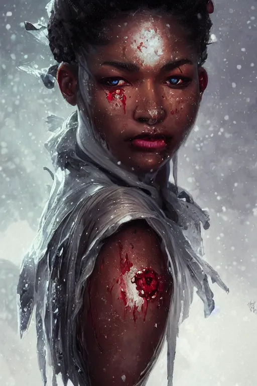 Prompt: ultra realistic illustration, snowy, cold, black mixed woman with bloodied face, hacknaut cyberpunk, sci - fi, fantasy, intricate, elegant, highly detailed, digital painting, artstation, concept art, smooth, sharp focus, illustration, art by artgerm and greg rutkowski and alphonse mucha