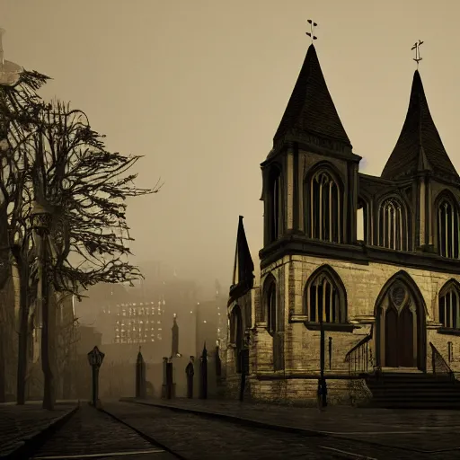 Image similar to victorian church in the middle of the city, dark, misty, at night, 8 k, detailed, concept art, trending on artstation