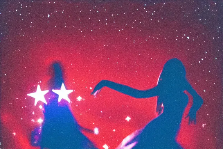 Image similar to blured shadow of dancing young woman on red light, focused background blue night sky with stars, polaroid photo
