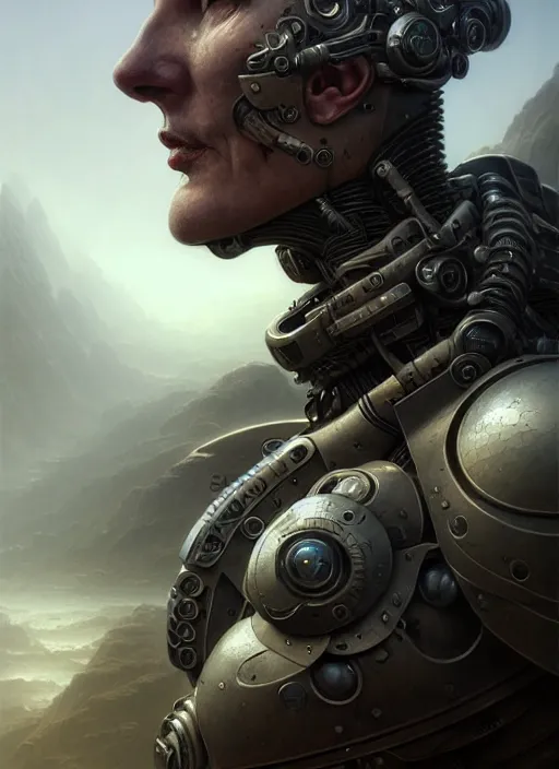 Prompt: closeup portrait shot of a cyborg soldier in a scenic dystopian environment, intricate, elegant, highly detailed, centered, digital painting, artstation, concept art, smooth, sharp focus, illustration, artgerm, tomasz alen kopera, peter mohrbacher, donato giancola, joseph christian leyendecker, wlop, boris vallejo