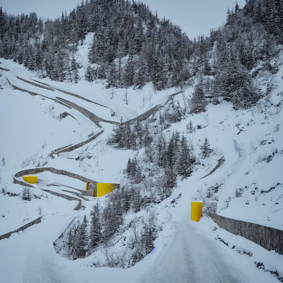 Image similar to a road leading to a mid-century modern house on top of a cliff in the arctic, covered with snow, designed by Frank Gehry, with a long pathway toward it. Big tiles. Film grain, cinematic, yellow hue