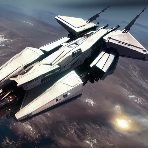 Image similar to realistic spaceship, star citizen, detailed, artstation
