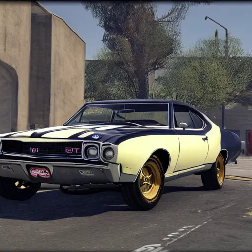 Prompt: 1968' GTO with zebra paint golden spokes on the wheels in gran turismo, unreal engine, GTA V, 8k,