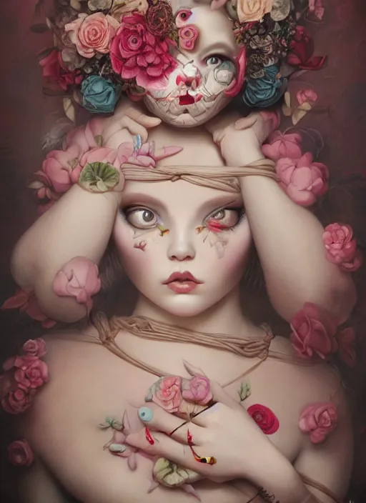 Image similar to pop surrealism, lowbrow art, realistic seductive cute woman painting, body harness, japanese shibari with flowers, hyper realism, muted colours, rococo, natalie shau, loreta lux, tom bagshaw, mark ryden, trevor brown style,