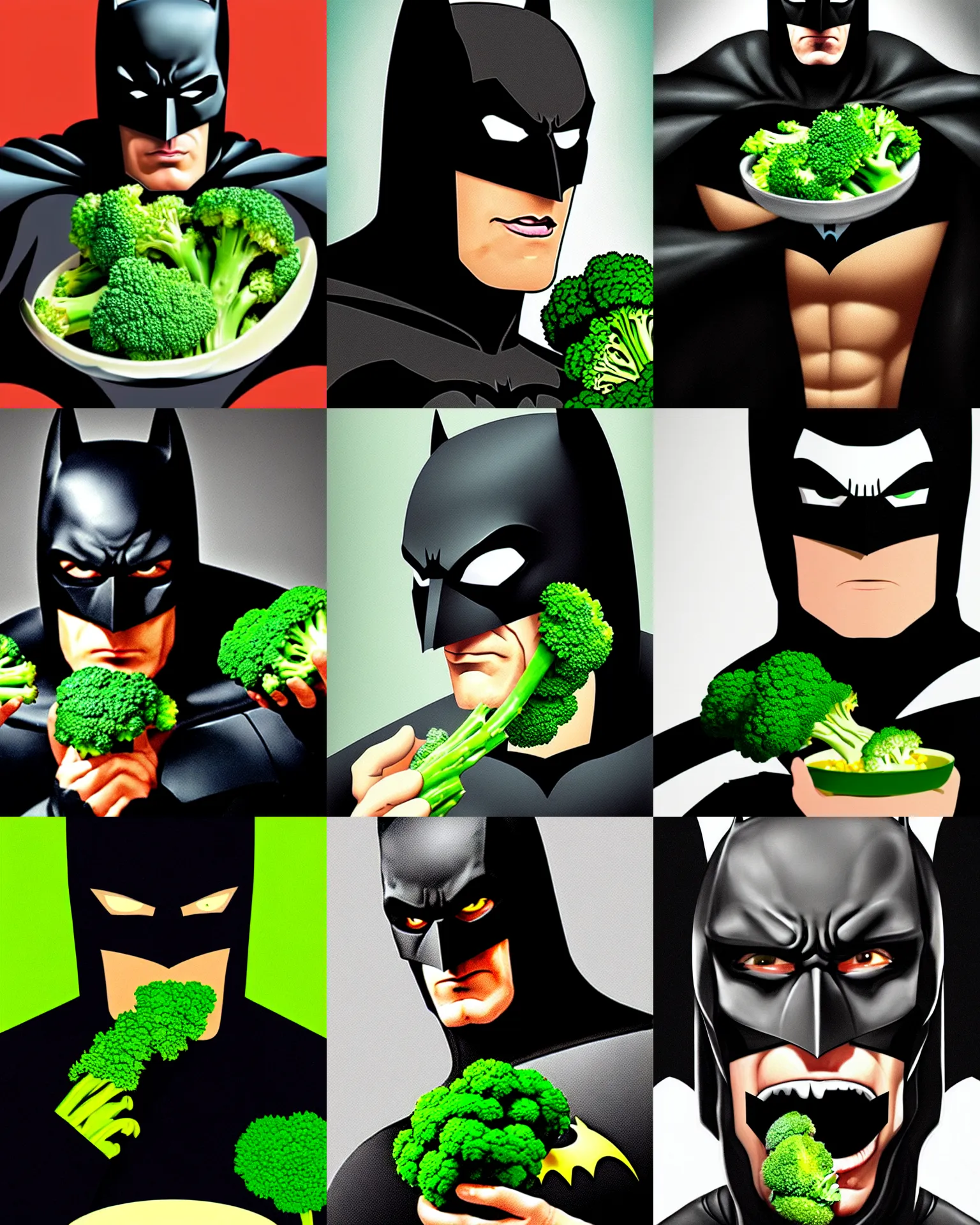 Prompt: A stunning portrait of Batman eating broccoli, masterpiece, Trending on Artstation, 8K