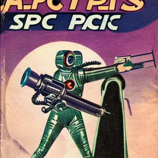 Image similar to A 1930s pulp sci-fi book cover depicting a woman in a space suit shooting a raygun, retrofuturism
