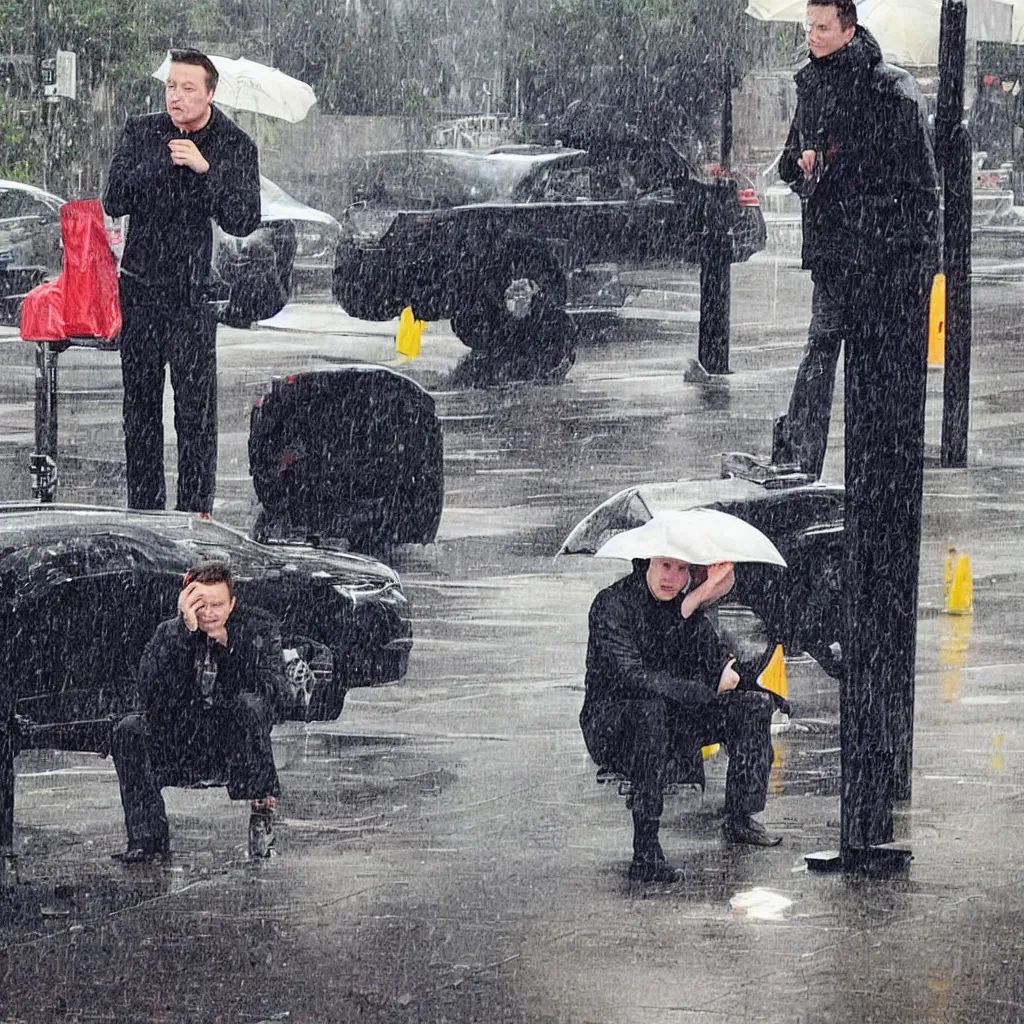 Prompt: a picture of elon musk sitting in the rain begging for money, depressing photograph, elon musk is sad,