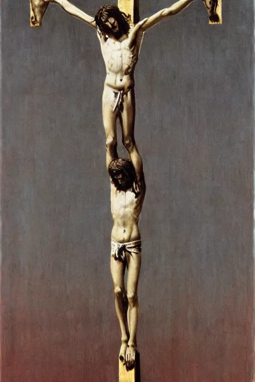 Prompt: christ crucified looking like a big mushroom painted in by cy twombly and andy warhol