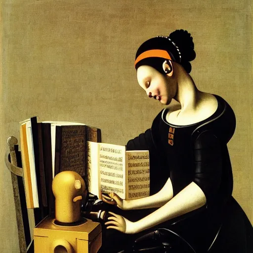 Prompt: a robot reading a book by caravaggio